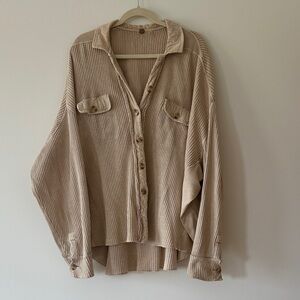 Free People Scout Beige Button-Up Waffle Knit Shirt